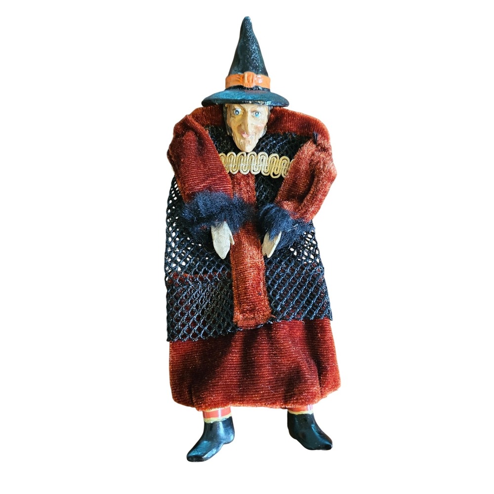 Vintage Folklore Halloween Witch Figurine Burgundy Velvet Mesh Decor